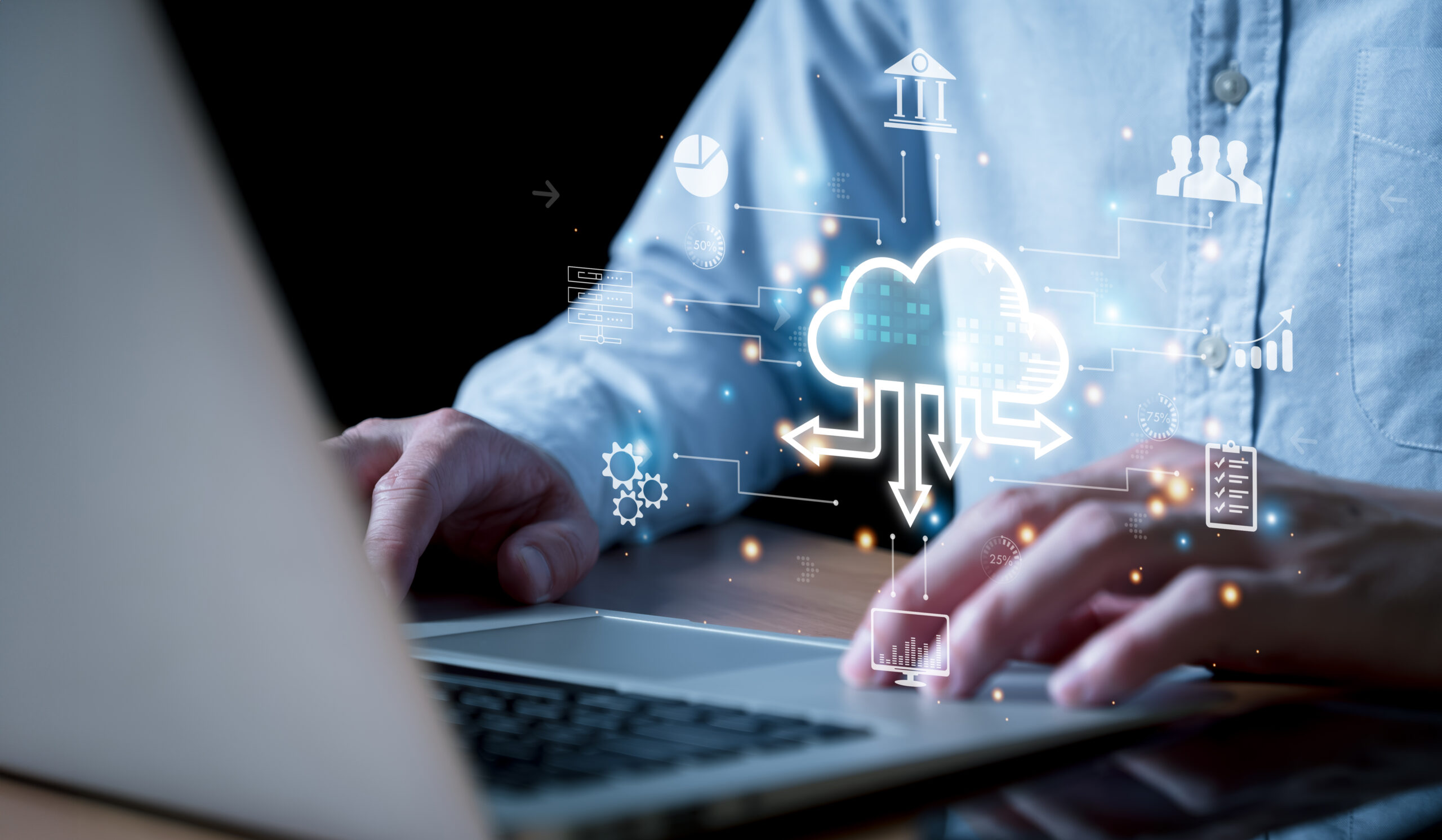 Business person migrate data and corporate information into cloud technology for data security and back up as disaster recovery site and prevent for cyber crime. Data inventory for enterprise.