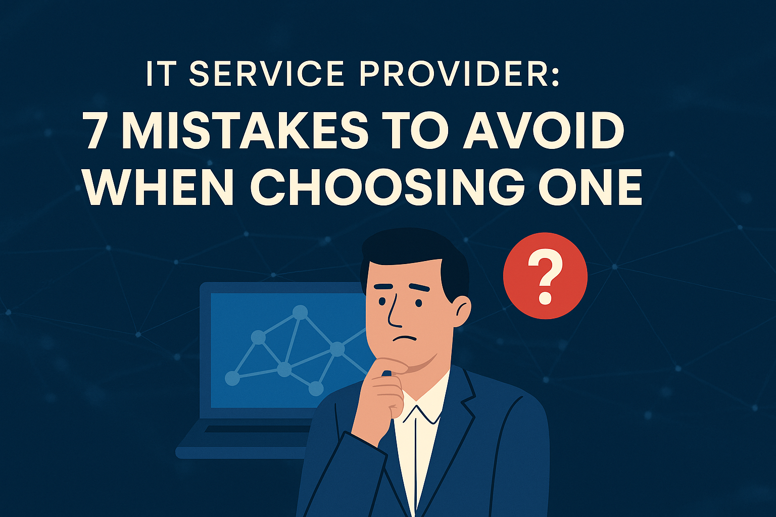 IT Service Provider Mistakes – What to Avoid When Choosing One Illustration of a concerned business professional next to a laptop and question mark, with text that reads “IT Service Provider: 7 Mistakes to Avoid When Choosing One”